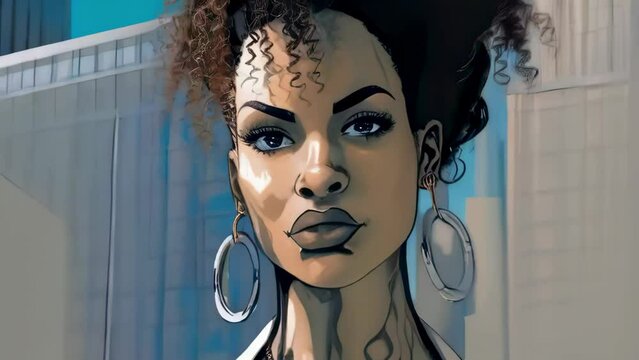 beautiful gorgeous pretty fashion latin model strong woman portrait in comix cartoon style - 4K stock Video Animation footage