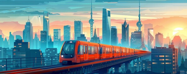Obraz premium A retro-futuristic metropolis where vintage trains and monorails traverse the cityscape, their tracks weaving between towering skyscrapers and historic landmarks. illustration.
