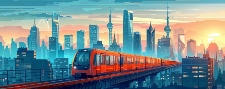 A retro-futuristic metropolis where vintage trains and monorails traverse the cityscape, their tracks weaving between towering skyscrapers and historic landmarks.   illustration.
