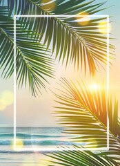 Summer background with sun, palm, sea and beach elements.
