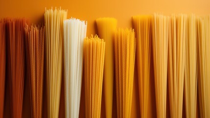 : Vibrantly depicted in a color gradient from white to deep yellow, spaghetti is a creative and artistic take on the everyday pasta.