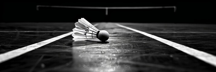 Black and white badminton shuttlecock lying on the court banner, sports equipment background