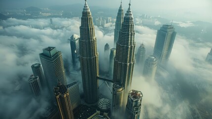 The photo shows the Petronas Twin Towers in Kuala Lumpur, Malaysia. The towers are surrounded by clouds andWu Mai .