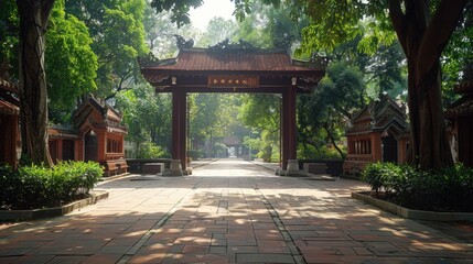 Obraz premium The photo shows the entrance to a traditional chinese courtyard with red walls and grey roof tiles.