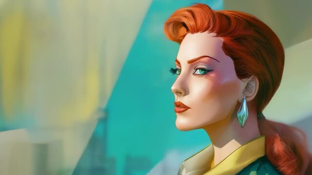 beautiful gorgeous pretty fashion red hair model strong woman portrait in comix cartoon style - 4K stock Video Animation footage