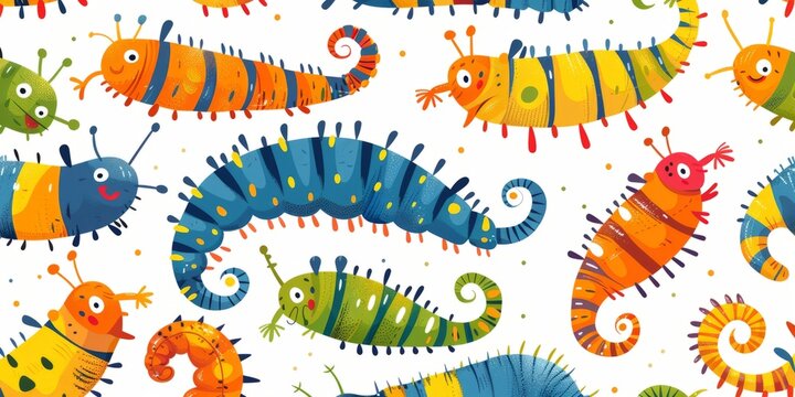 Seamless pattern with cartoon bright caterpillars, slugs and hairy centipedes on white background. Insects background. For banner, children, pattern, decorative. illustration