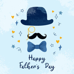 Celebration card with handwritten text on blue background in flat style. Happy Father's Day concept. Hand drawn hat, pince-nez, moustache, bow tie with grunge textures and doodle shapes