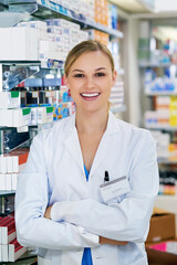 Woman, portrait and pharmacist with arms crossed for medicine purchase, professional or healthcare....