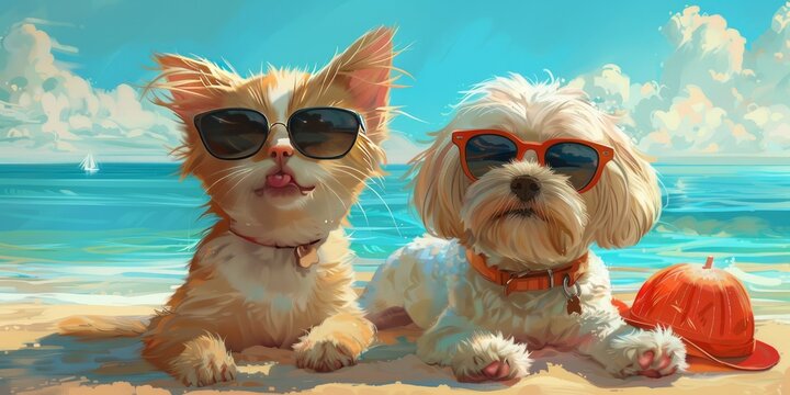 animal cat and dog summer holiday art illustration