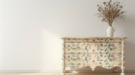Classic pastel floral chest of drawers, white blank wall, home room interior background