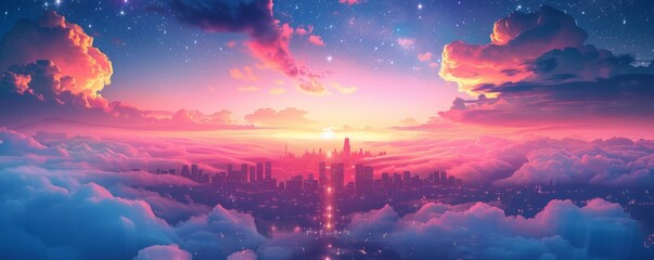 A celestial cityscape where skyscrapers pierce the clouds, their mirrored surfaces reflecting the stars above in a dazzling display of light and color.   illustration.