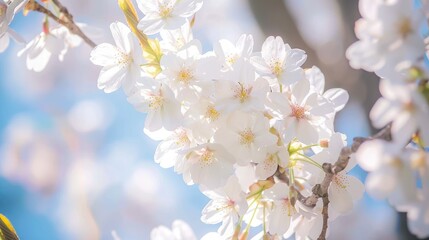 Fototapeta premium Close up of beautiful white cherry blossoms in Korea during the spring season flowers on a tree branch against a blue sky
