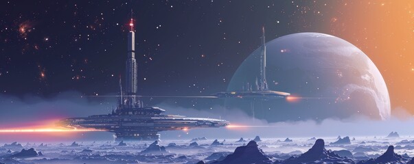 A futuristic space station orbiting a distant planet, its sleek design housing advanced laboratories and living quarters for interstellar travelers.   illustration.