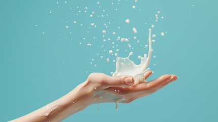 White lotion droplets flying through the air with a reaching hand. Refreshing and moisturizing hand care.