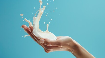 White lotion droplets flying through the air with a reaching hand. Refreshing and moisturizing hand care.