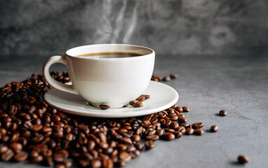 Coffee cup and coffee beans on  gray background, Black coffee cup aromatic