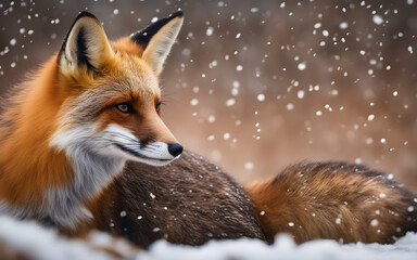 Close-up of a red fox in snowy environment, soft snowflakes falling. Cozy winter wildlife scene with warm colors