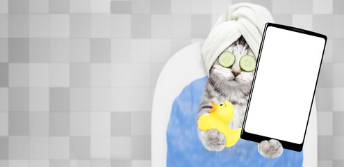 Funny kitten with towel on it head, with pieces of cucumber on it eyes and with cream on it face...