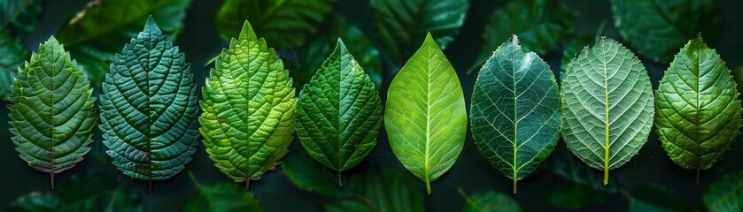 Obraz premium Green leaves of different plants on a dark background.