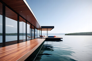 3d rendering of modern luxury house with pool and terrace overlooking the lake