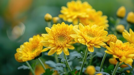 Beautiful chrysanthemum flowers in close up view set against a natural backdrop