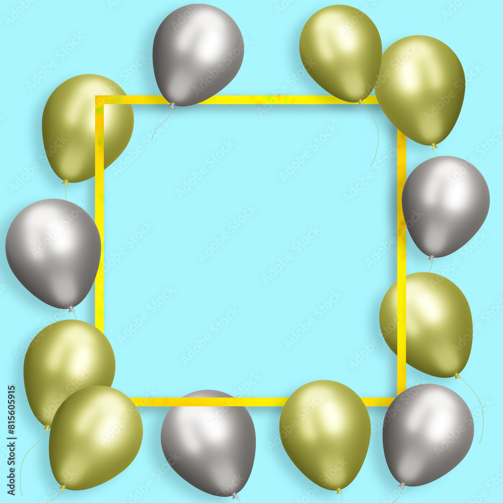 Poster Yellow frame with gold and silver balloons on blue background. Empty space for text. 3d rendering