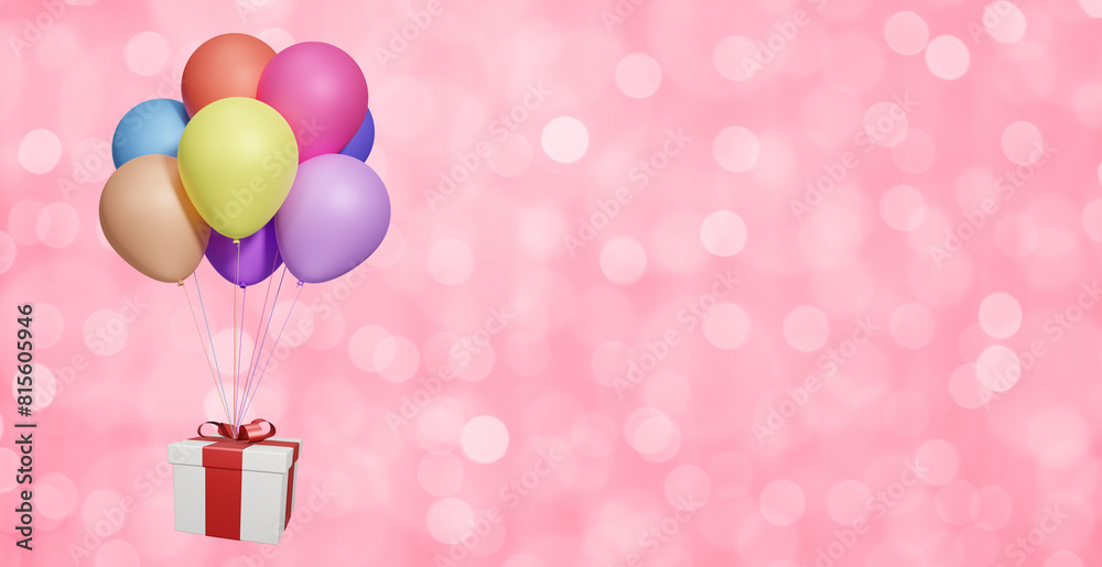 Poster flying gift box with multicolored balloons on pink blurred background. Empty space for text. 3d rendering