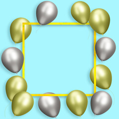 Yellow frame with gold and silver balloons on blue background. Empty space for text. 3d rendering