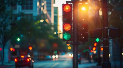 Close-up of a traffic signal with city traffic in the background.