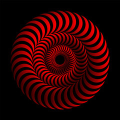 3D spiral. Hypnotic volumetric wavy circles. Isometric trumpet waves. Concentric circles. Optical illusion. Black and red illusion