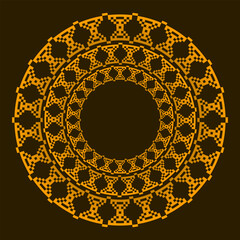 Design with abstract gold floral pattern. Circle frame. Templates for printing postcards, invitations, floral petal stack, pattern geometric tribal lace motif black white. Circular ornament