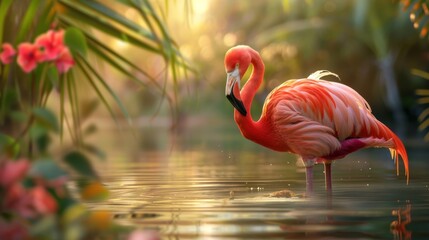 A majestic flamingo stands gracefully in tranquil waters.
