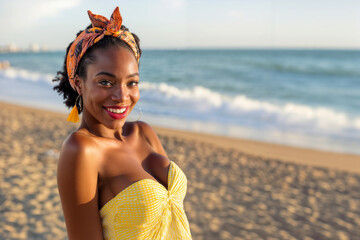 A smiling woman wearing a yellow strapless top with a brightly colored headscarf relaxes on a sandy beach with the ocean in the background. - Powered by Adobe