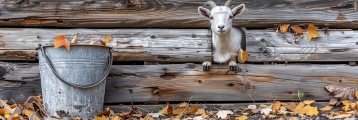 Adorable young goat peeking from behind a fence, ideal for placing text banners and messages