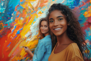 In a leisurely street scene, two artist friends capture their happiness in a cheerful selfie that embodies the joy of creative connection.