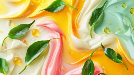 A dynamic flyer layout for yogurt, boasting vibrant hues and a leafy motif