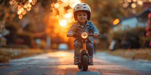 Cute boy enjoying a bike ride in the park, enjoying active summer fun.