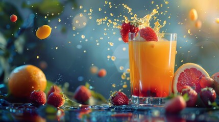 A visually stunning food photography advertisement presenting a glass of fruit juice on a table
