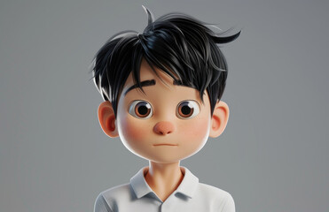 3D cartoon character design of an Asian man with black hair and big eyes looking sad