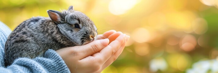 Cute gray rabbit held in hands for spring banner promotion with ample space for custom text