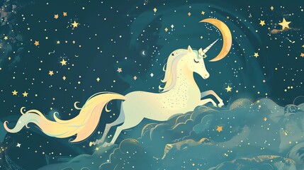 Unicorn in the moonlight flat design, top view, unicorn theme, animation, Analogous Color Scheme