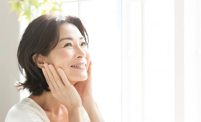 日の当たる部屋で微笑む中年女性　美容イメージ　AI