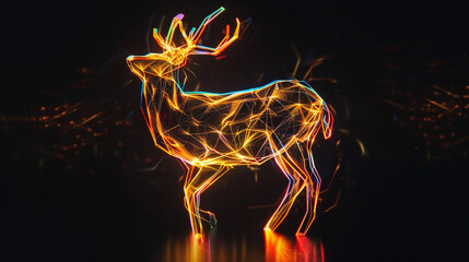 Elegant, sophisticated glowing holographic deer on a black background