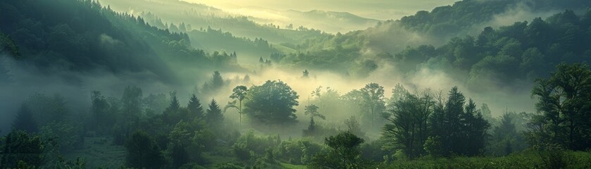 The image is a beautiful landscape of a valley with a river running through it