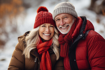 Fototapeta premium Generated with AI image of a beautiful cheerful couple walking enjoying winter picnic outdoors
