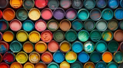 Top-Down View of Vibrant Paint Cans, Uniform in Size and Intensity