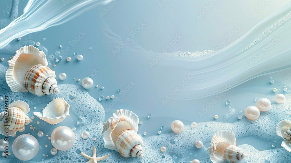 Wall mural delicate blue background with seashells and starfish with space for text