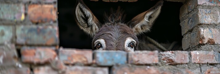 Donkey in harness with copy space, blank banner for text, farm animal agriculture concept