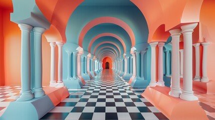The image is a long hallway with pink and blue columns. The floor is checkered black and white tiles. At the end of the hall is a bright light.