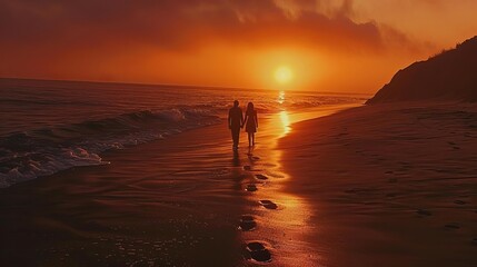 Footprints in the sand chart the course of a couples love, imprinted in the fading light